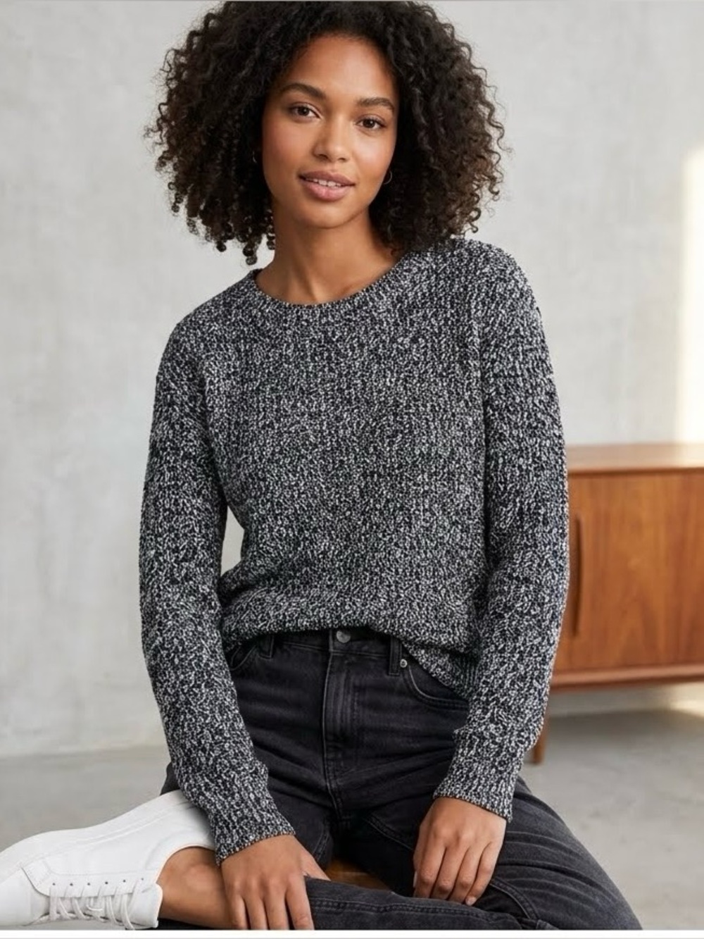 Joe Fresh Marled Knit Pullover Sweater - Black & White